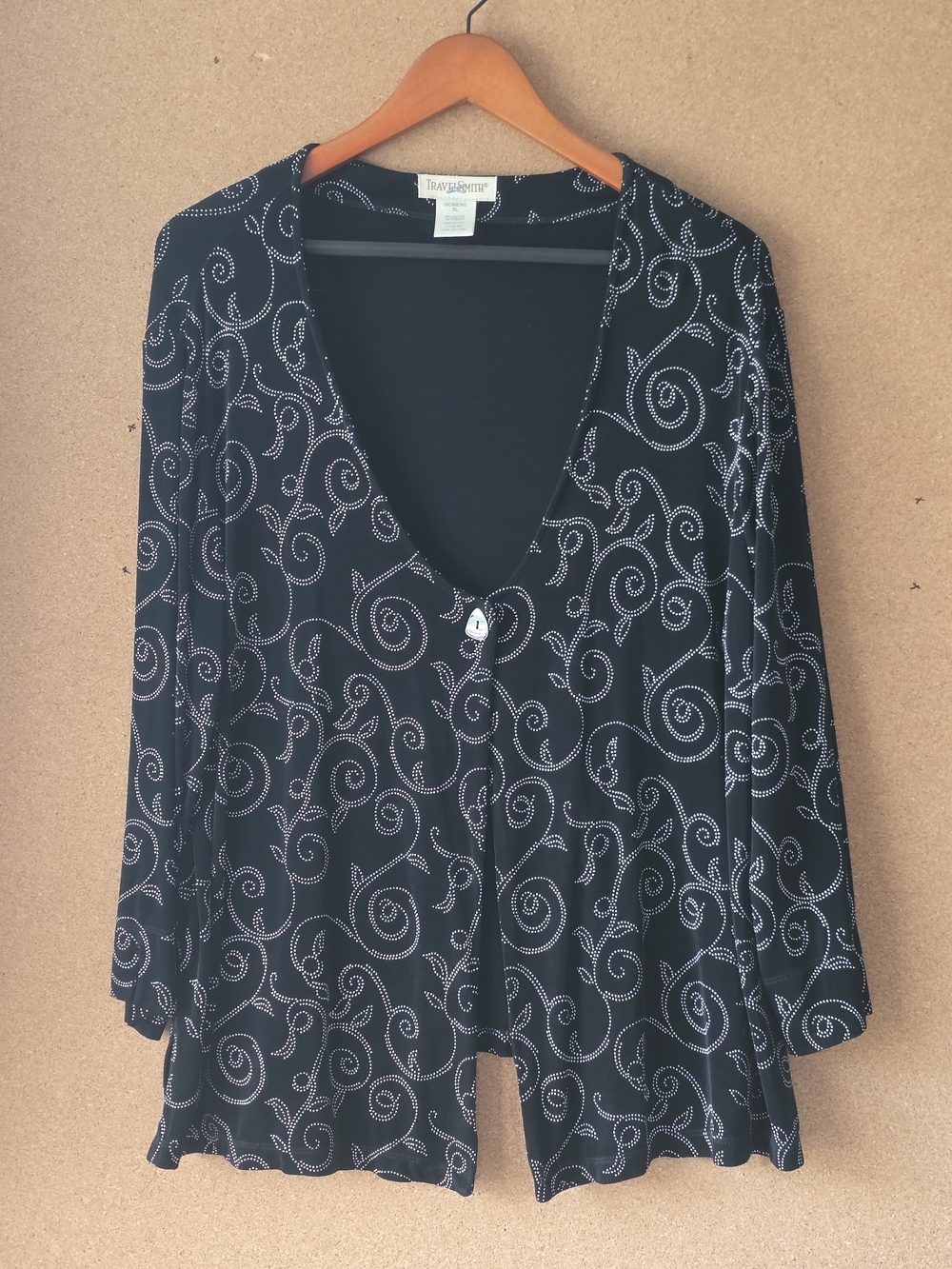TravelSmith Black Silver Swirl Dotted Knit Cardigan Jacket Womens XL USA Made - Picture 1 of 13